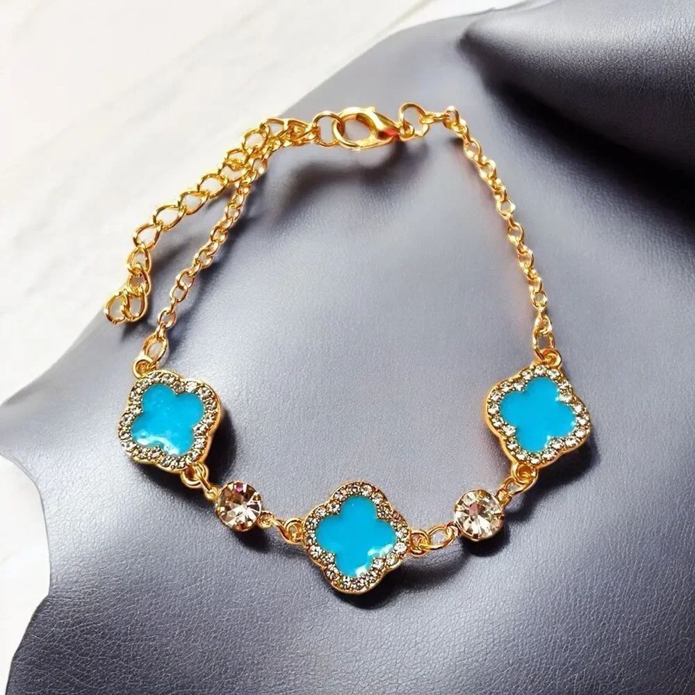 Elegant Blue Clover Rhinestone Gold Tone Bracelet